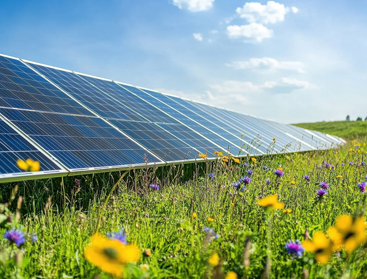 Image of solar panels in a field of wildflowers.